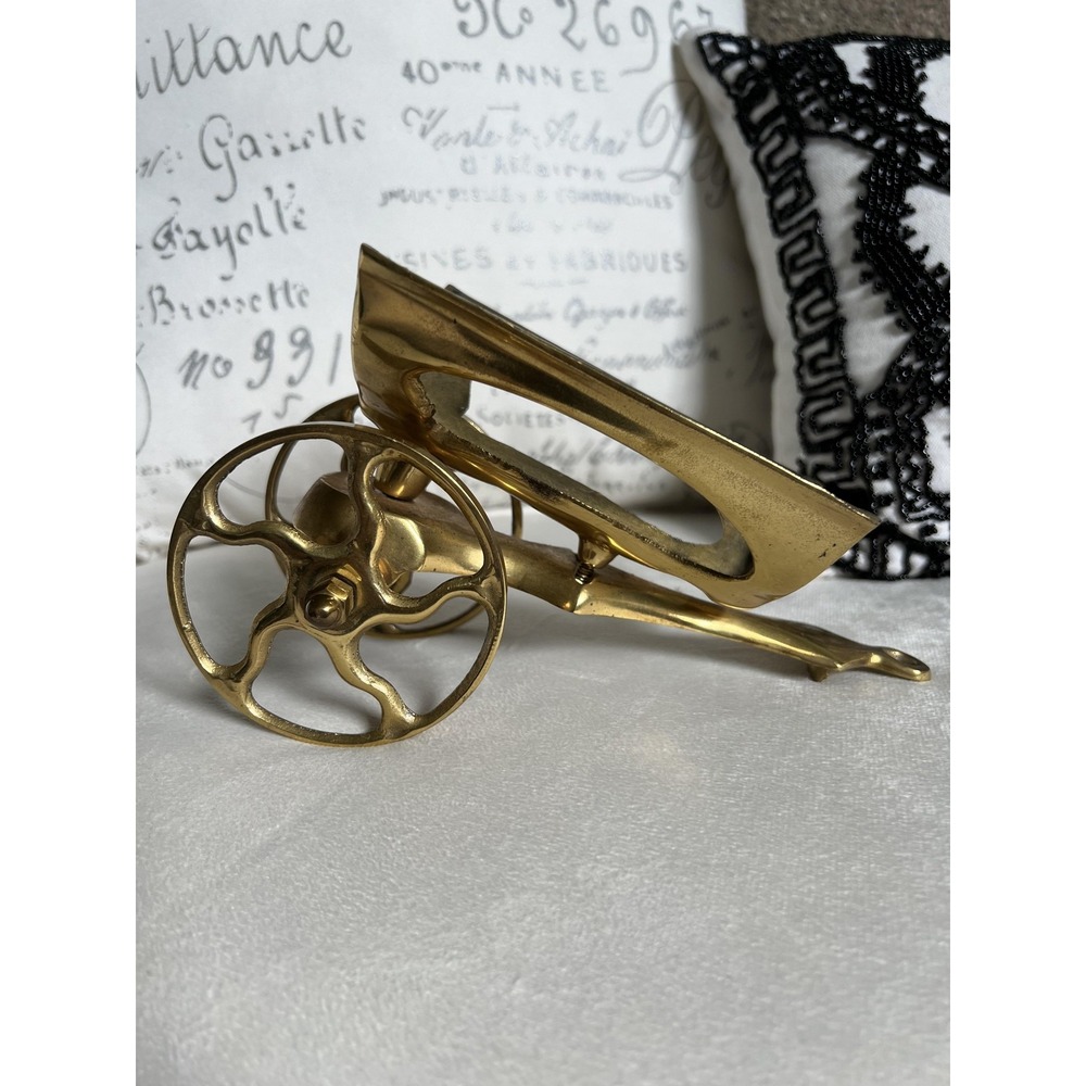 Vintage Brass Wheeled Wine Bottle Holder Trivet Stand Rolling Decor Wheelbarrow - Picture 5 of 7